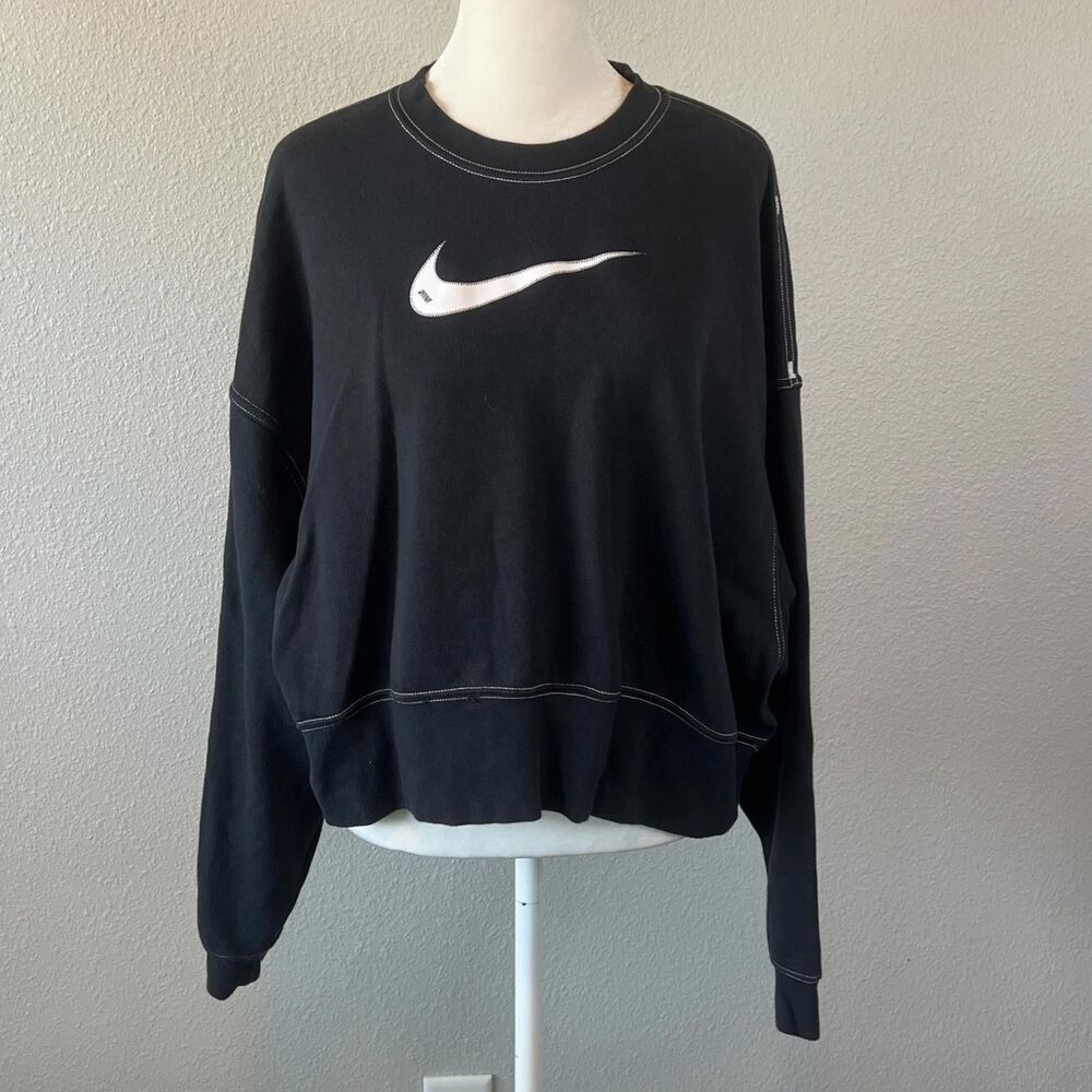 Nike Cropped Logo Sweatshirt Contrast Stitch Oversized Black Size XS